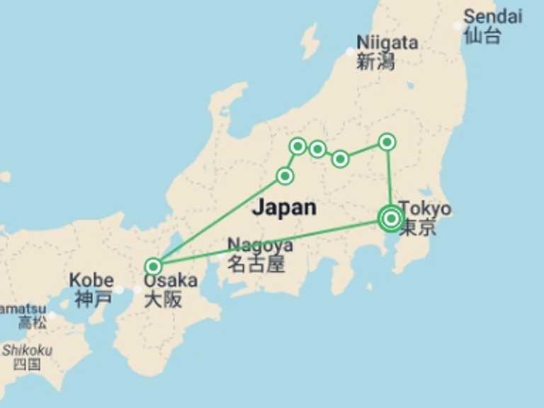Map itinerary of Japan Tour in January 2027 with 4 destination visits for the trip: Tokyo, Kyoto and Alps