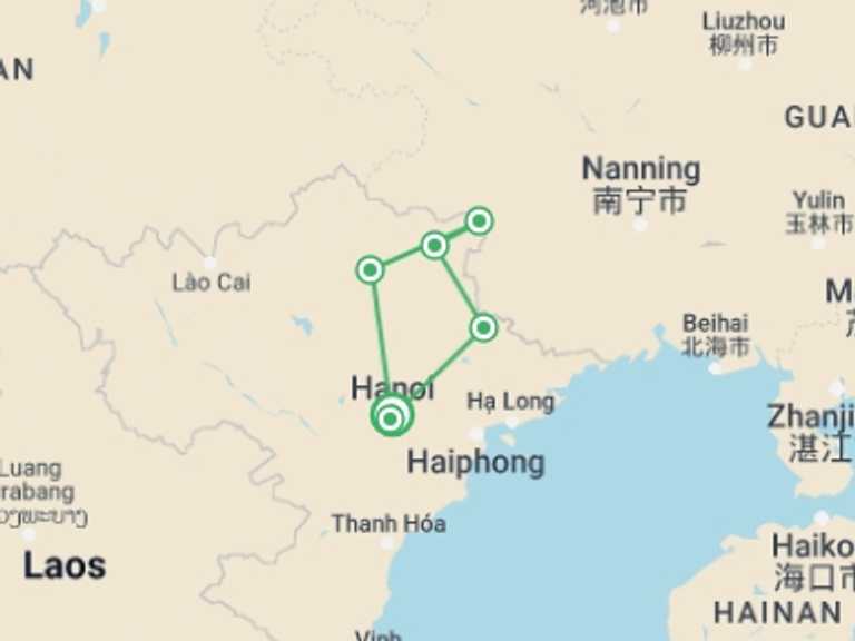 Map of Hanoi Local boat rides Tour with 5 destination visits for the trip: Group Tour From Hanoi - Ban Gioc Waterfall And Ba Be Lake 3 Days