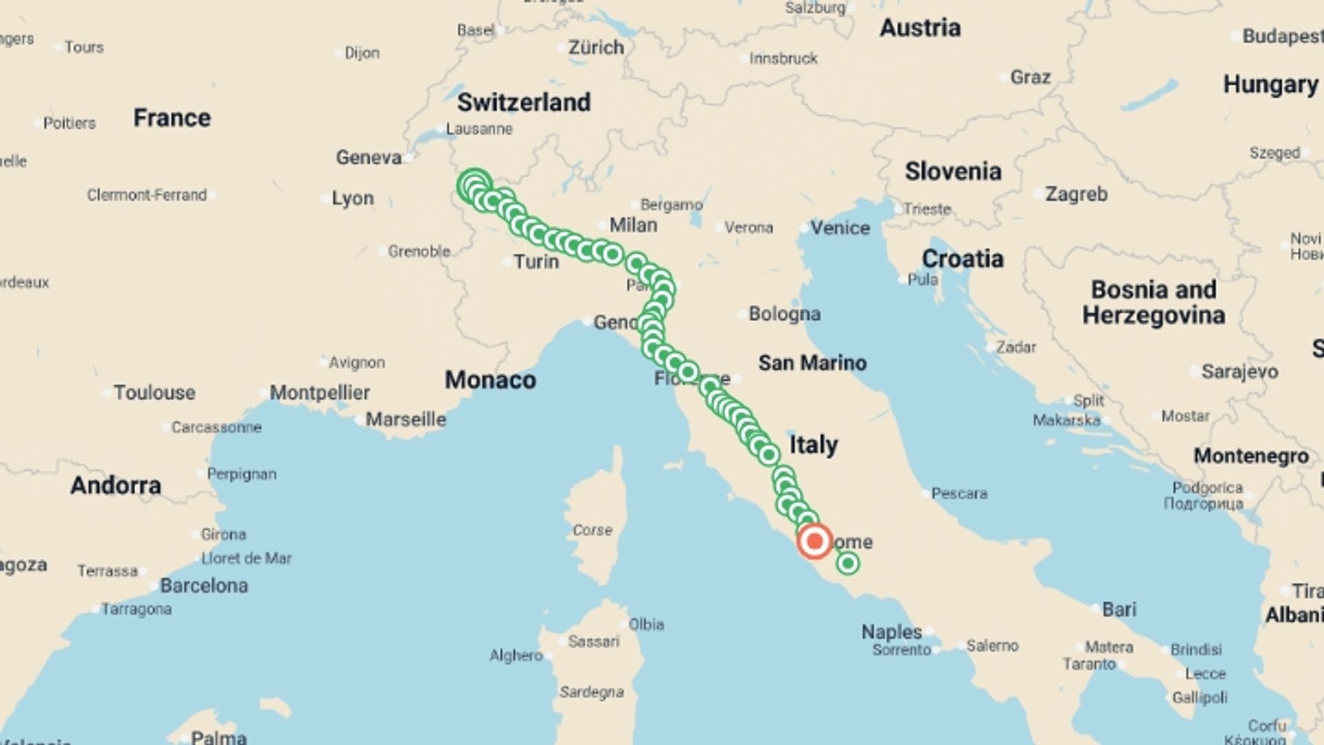 A map showing the tour itinerary for the trip: The Full Via Francigena, starting in Saint Bernardo Pass, Switzerland and ending in Rome, Italy going through 48 other destinations.