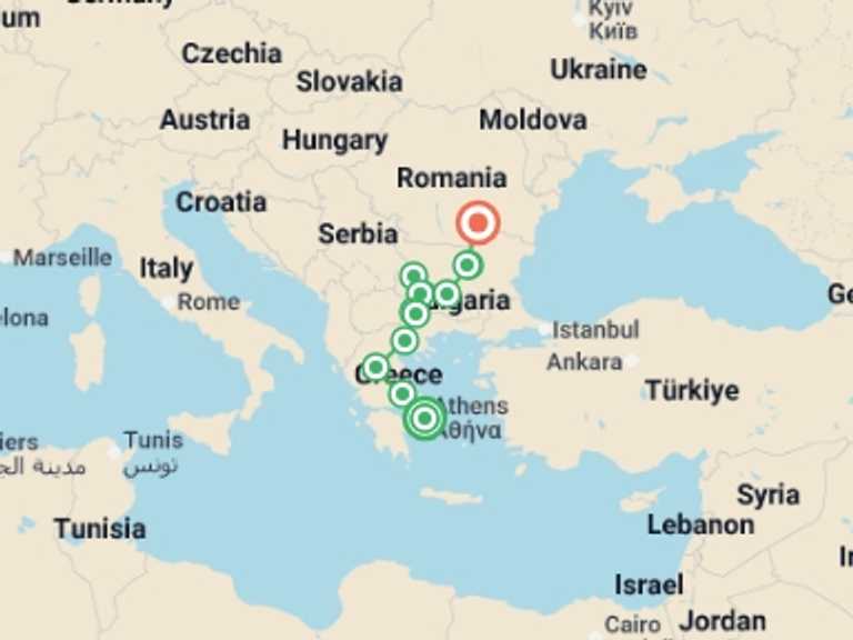Map of a Sightseeing Tour with 7 destination visits for the trip: From Athens to Bucharest