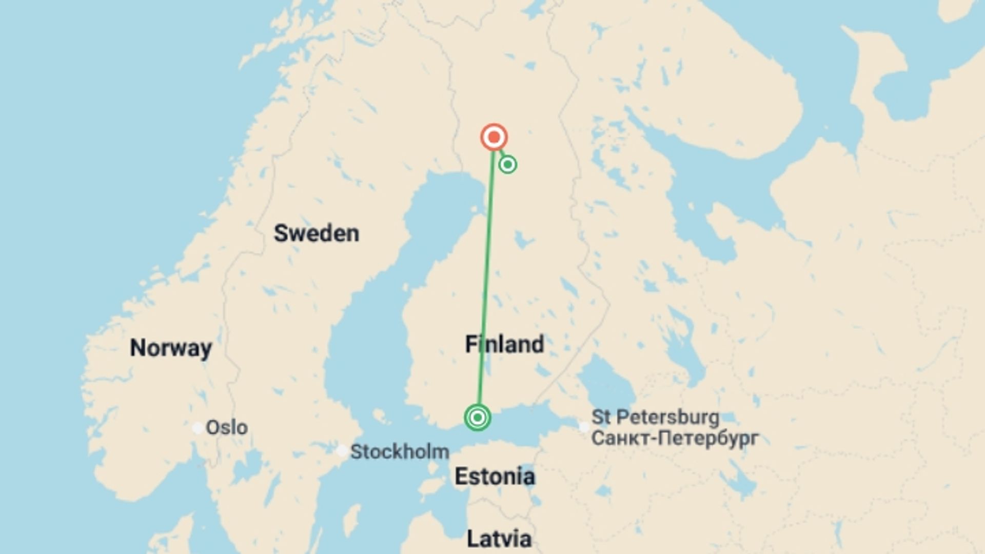 A map showing the tour itinerary for the trip: Summer in Lapland: A Family Adventure, starting in Helsinki, Finland and ending in Rovaniemi, Finland going through 1 other destinations.