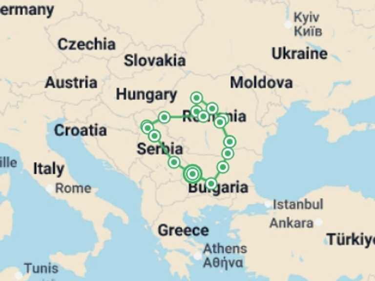 Map itinerary of Balkans Tour in August 2026 with 11 destination visits for the trip: Sofia to Serbia - 14 days
