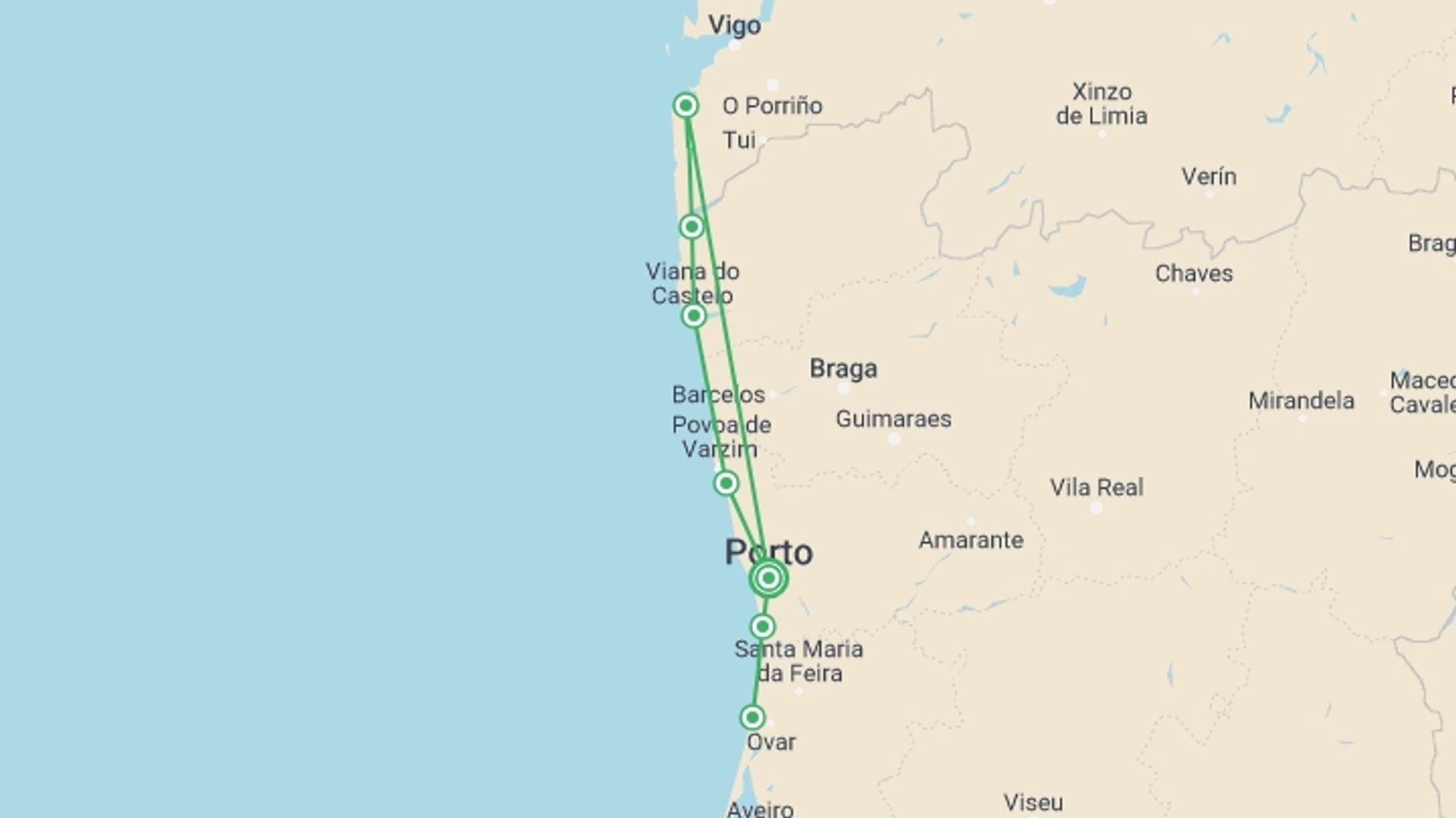 A map showing the tour itinerary for the trip: Atlantic Coast - Bike Tour, starting in Porto, Portugal and ending in Porto, Portugal going through 7 other destinations.
