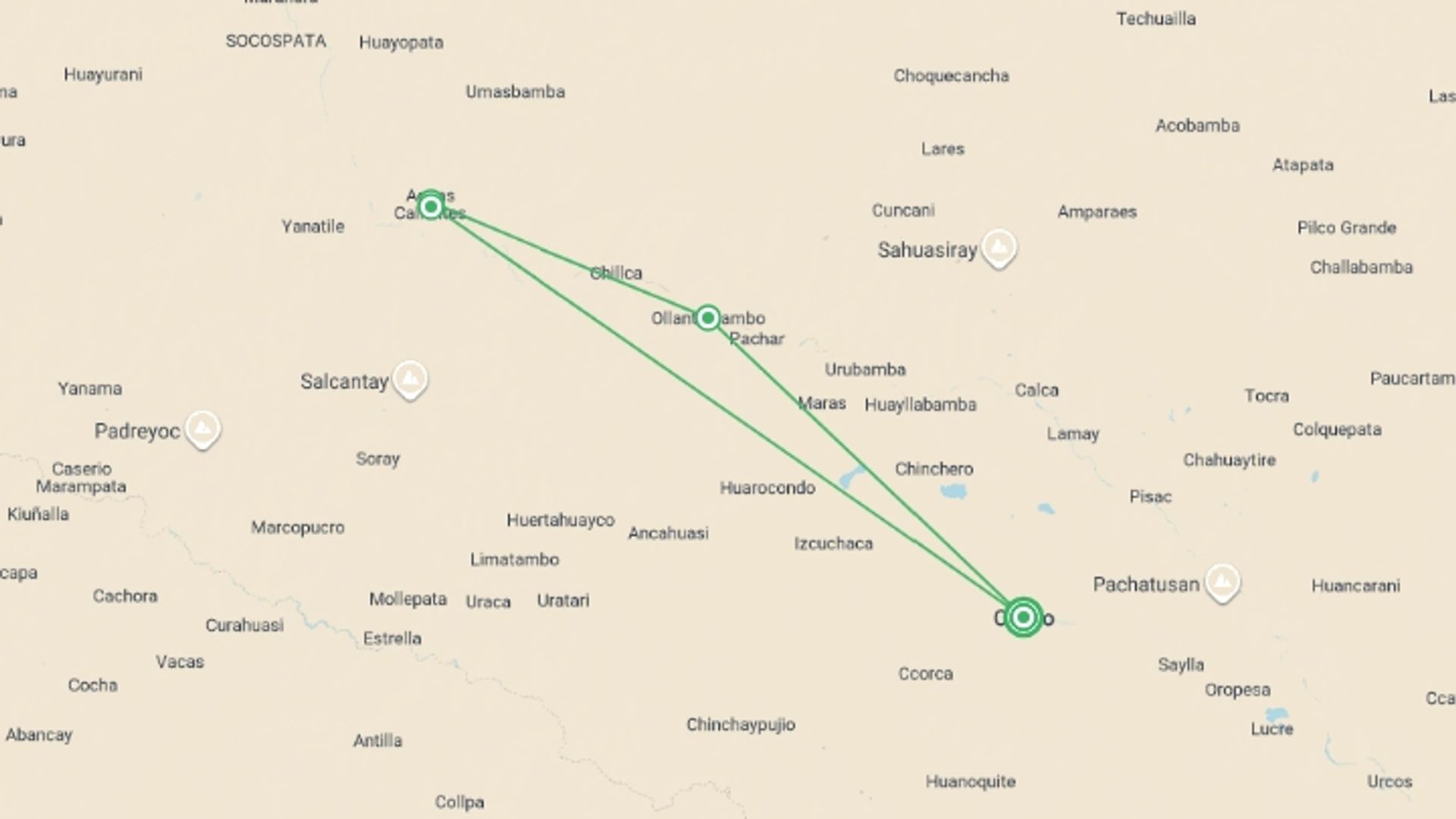 A map showing the tour itinerary for the trip: Premium Walking & Hiking in Peru, starting in Cusco, Peru and ending in Cusco, Peru going through 2 other destinations.