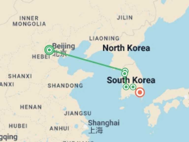 Map itinerary of Asia Tour in Winter with 4 destination visits for the trip: Beijing, Seoul, and Busan