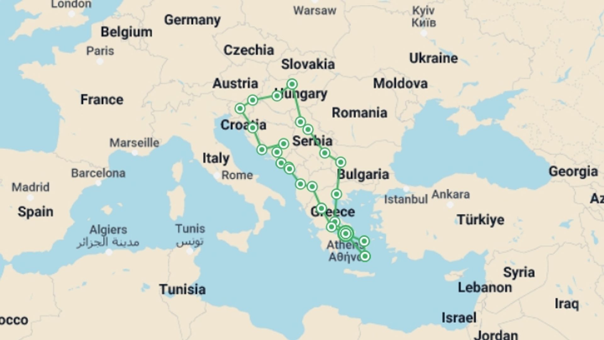 A map showing the tour itinerary for the trip: Best of the Balkans & Greek Islands, starting in Athens, Greece and ending in Athens, Greece going through 13 other destinations.