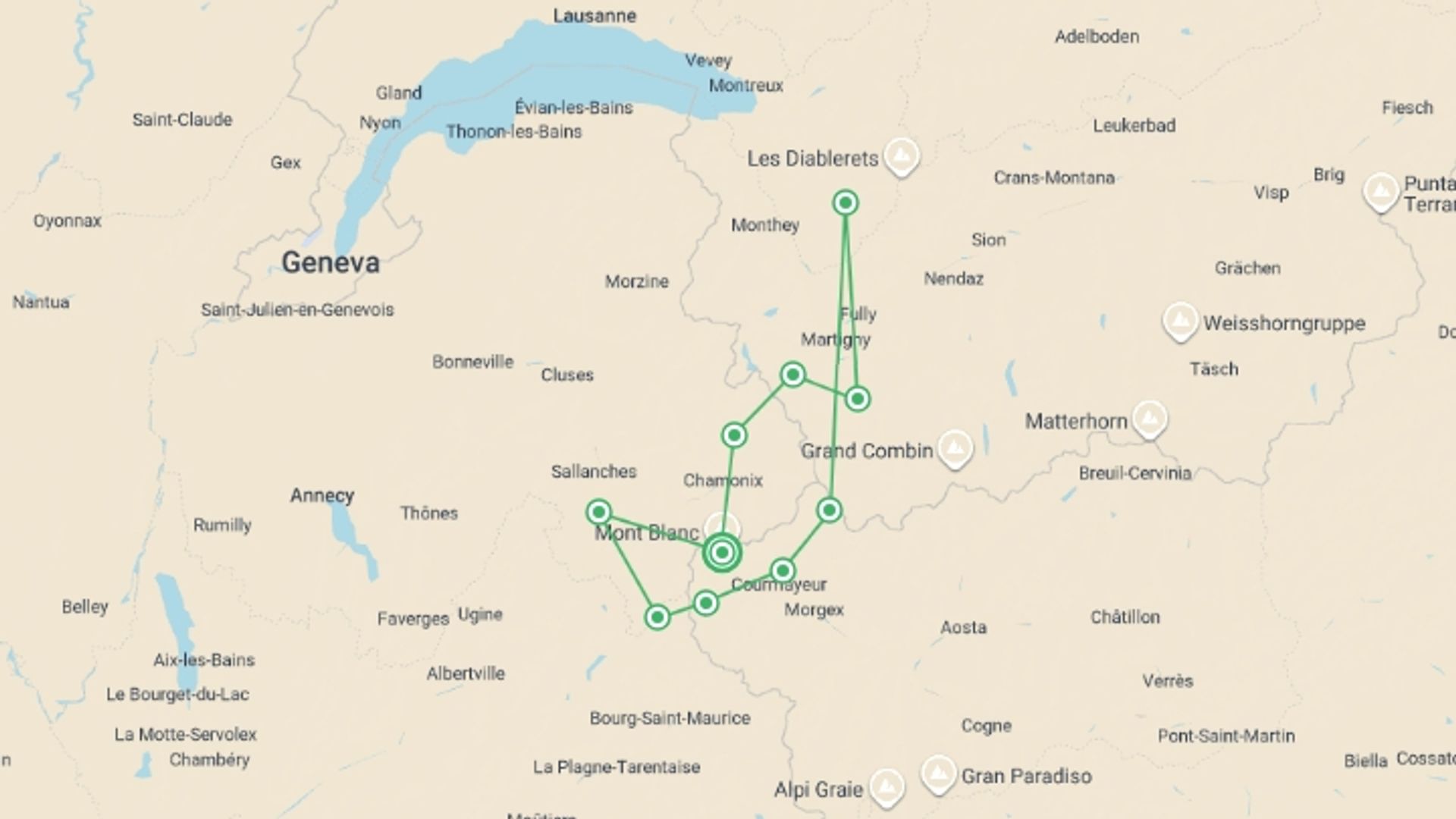 A map showing the tour itinerary for the trip: Mont Blanc Encompassed Guided Hike, starting in Mont Blanc, France and ending in Mont Blanc, France going through 10 other destinations.