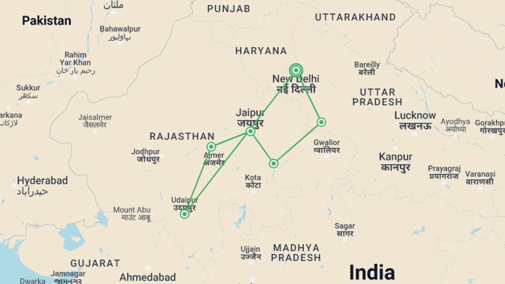 A map showing the tour itinerary for the trip: India Uncovered, starting in New Delhi, India and ending in New Delhi, India going through 5 other destinations.