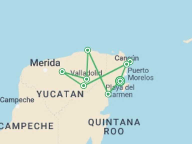 Map of Mexico Tour with 8 destination visits for the trip: Cycle Mexico - The Yucatan Peninsula