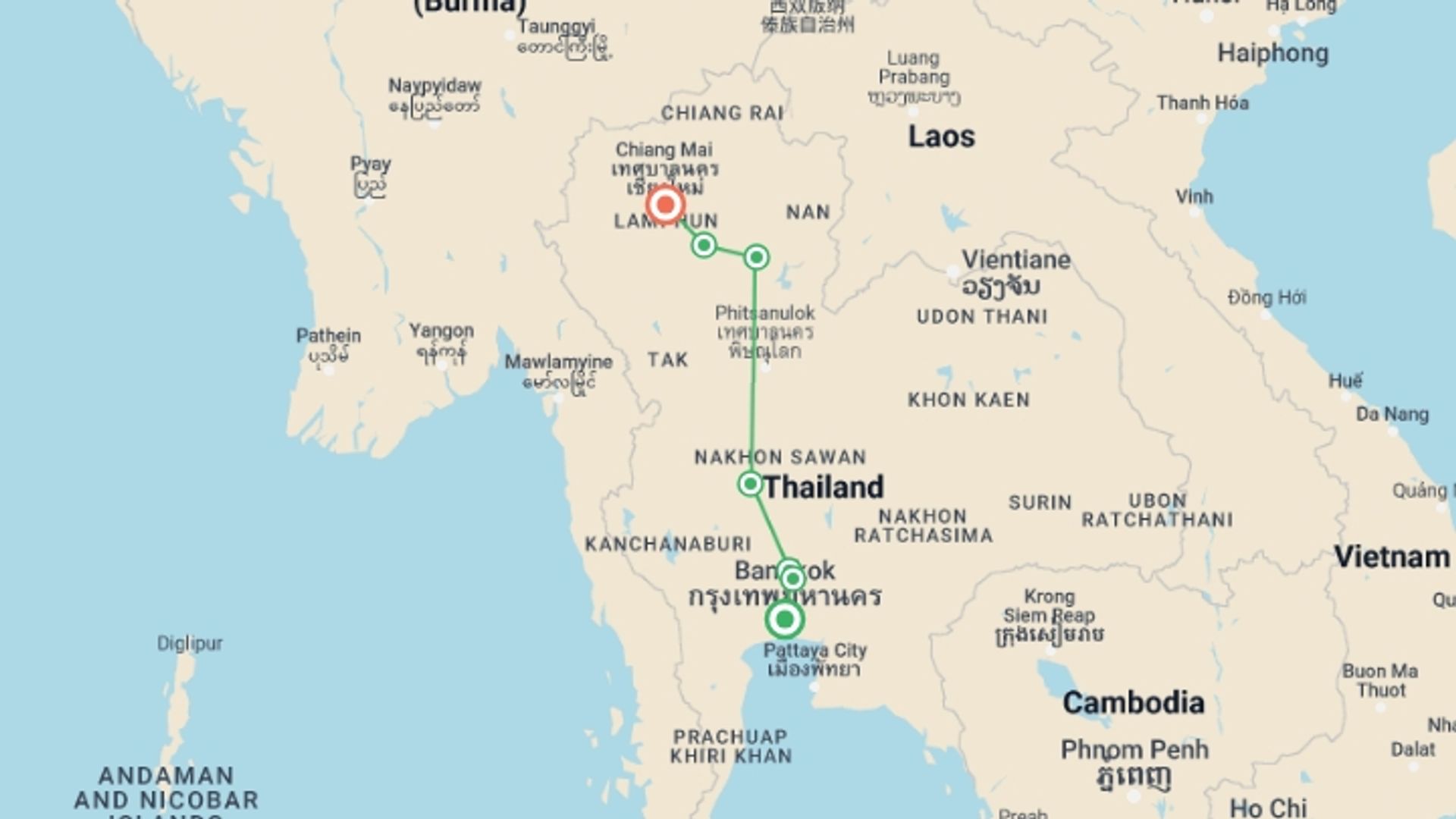 A map showing the tour itinerary for the trip: Thailand Heritage by Bicycle, starting in Bangkok, Thailand and ending in Chiang Mai, Thailand going through 5 other destinations.