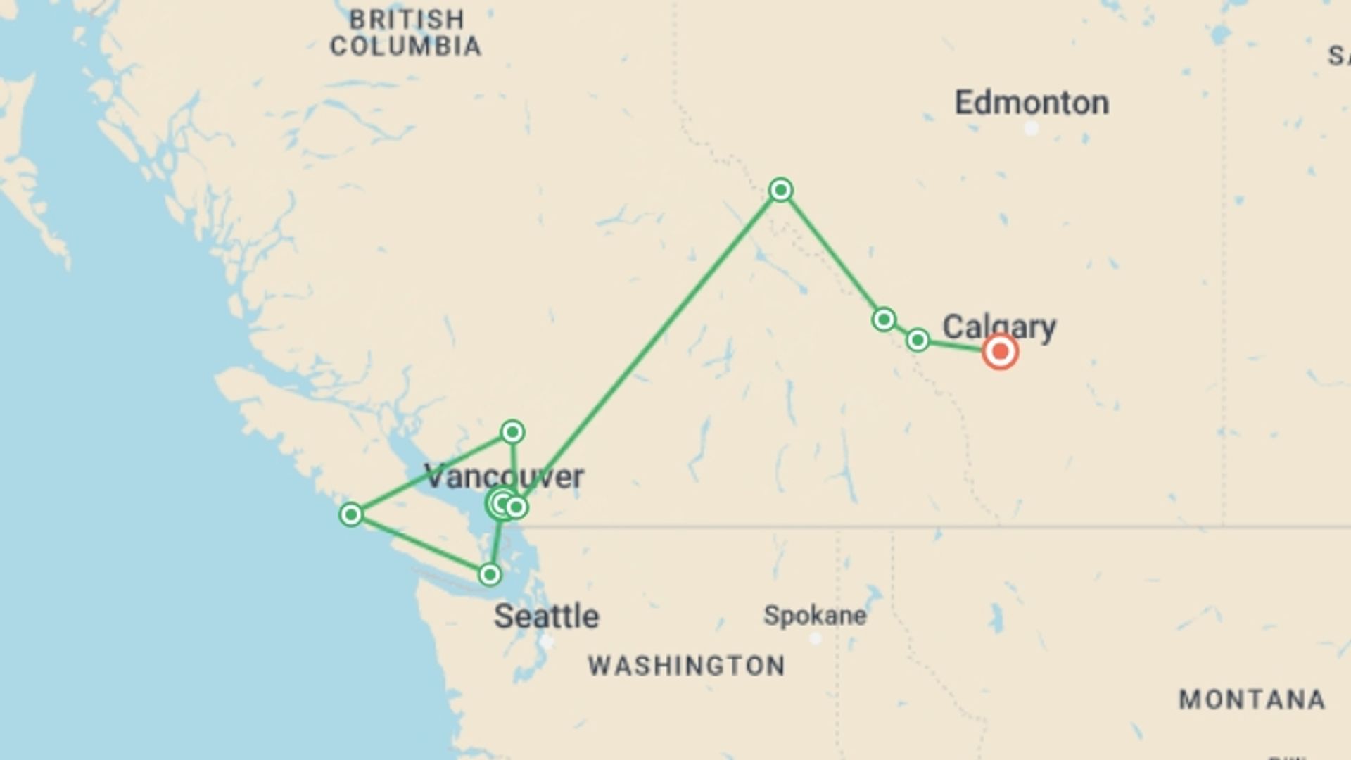 A map showing the tour itinerary for the trip: Canadian Rockies: National Parks Eastbound, starting in Vancouver, Canada and ending in Calgary, Canada going through 8 other destinations.