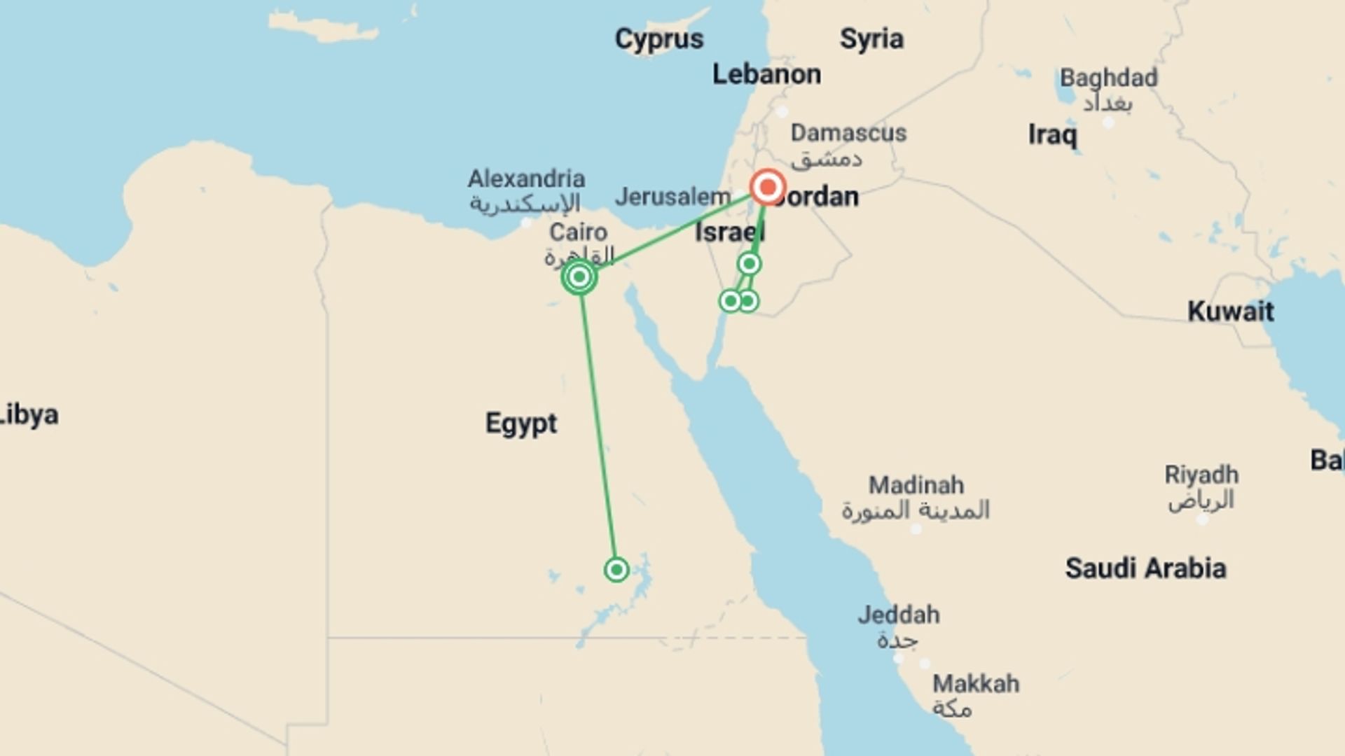 A map showing the tour itinerary for the trip: Classic Egypt & Jordan, starting in Cairo, Egypt and ending in Amman, Jordan going through 4 other destinations.
