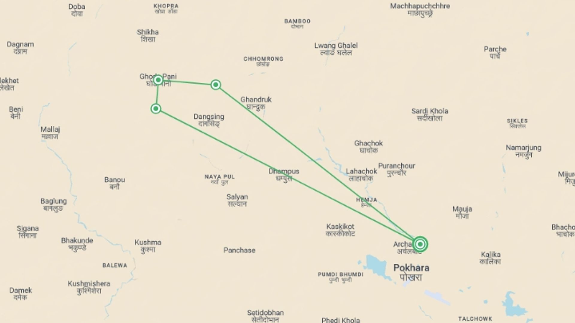 A map showing the tour itinerary for the trip: Poon Hill Trek - 4 days, starting in Pokhara, Nepal and ending in Pokhara, Nepal going through 5 other destinations.