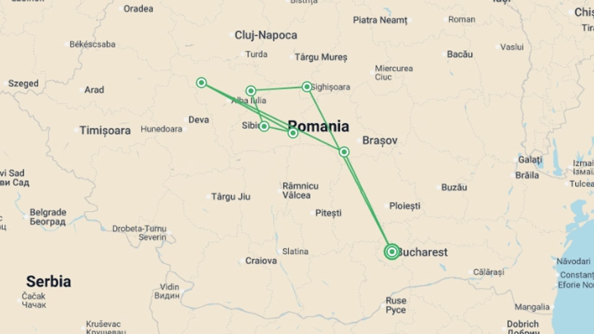 A map showing the tour itinerary for the trip: Cycle Romania, starting in Bucharest, Romania and ending in Bucharest, Romania going through 6 other destinations.