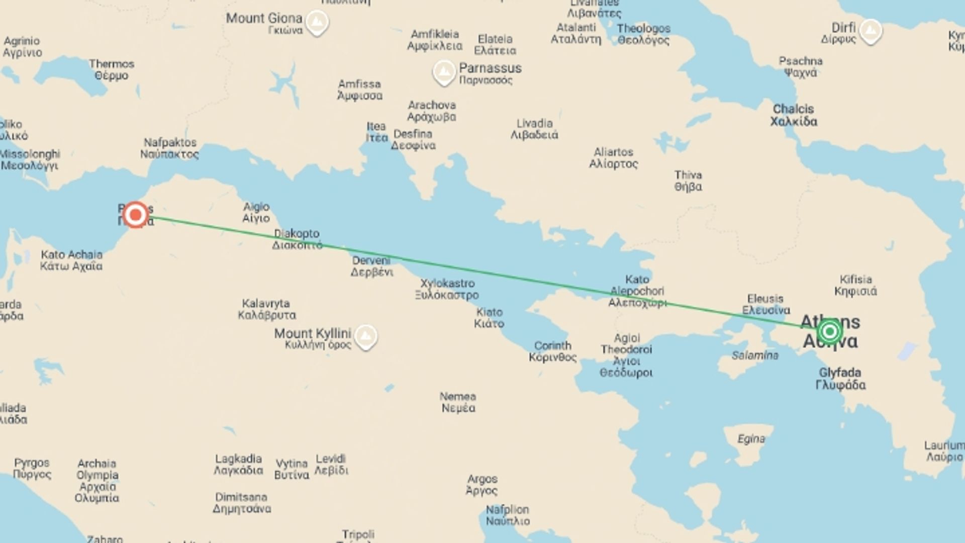 A map showing the tour itinerary for the trip: Greek Odyssey Temples, Tales, and Taverns - 4 days, starting in Athens, Greece and ending in Patras, Greece going through 0 other destinations.