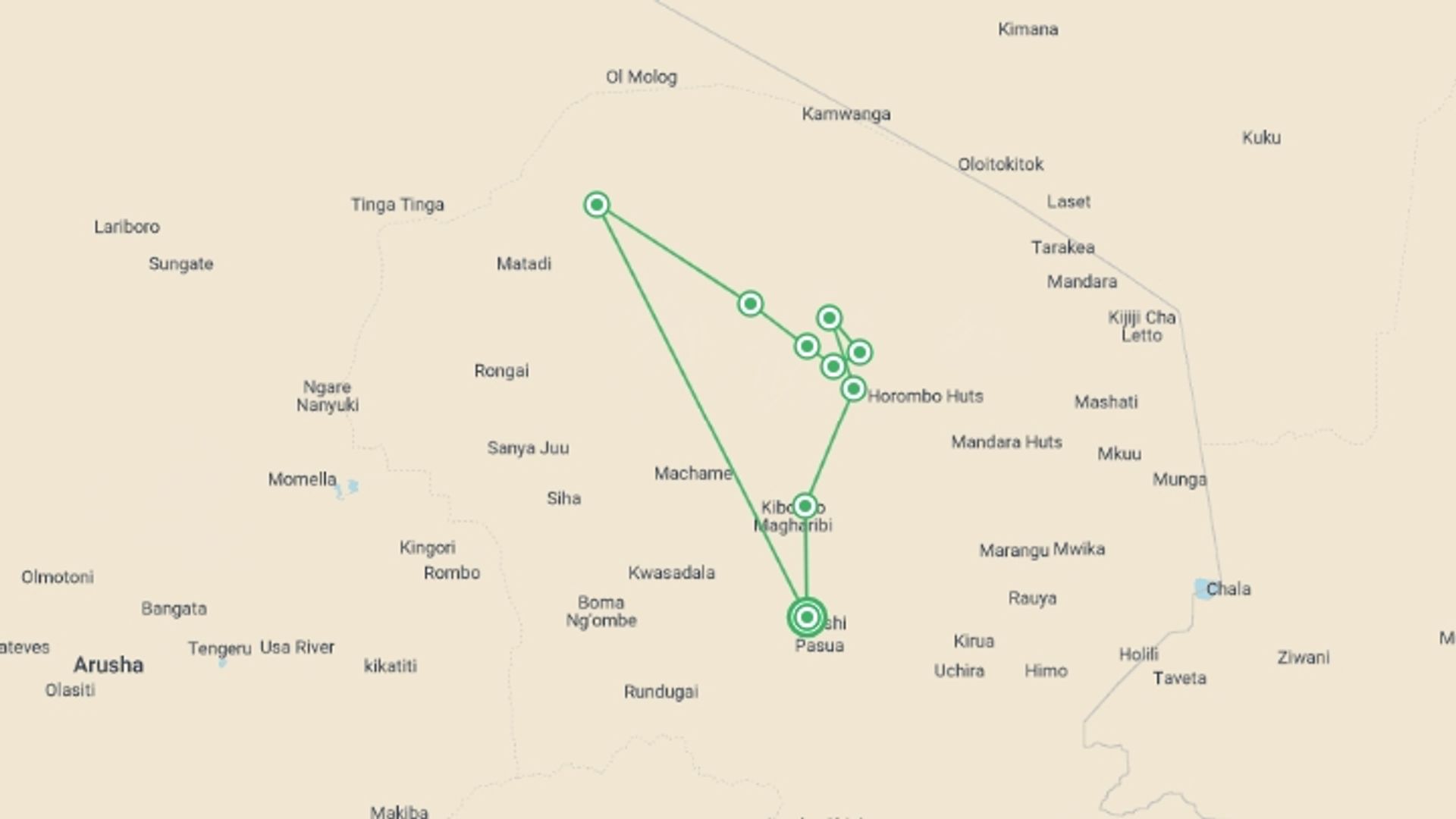 A map showing the tour itinerary for the trip: Mt. Kilimanjaro - Lemosho route, 8 days (6-day climb), starting in Moshi, Tanzania and ending in Moshi, Tanzania going through 8 other destinations.