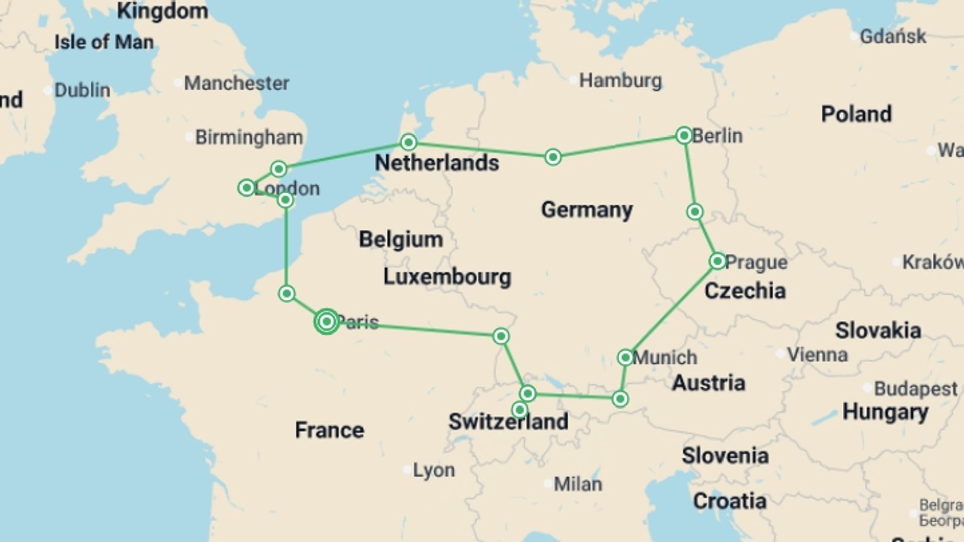 A map showing the tour itinerary for the trip: Paris, London and Central Capitals, starting in Paris, France and ending in Paris, France going through 8 other destinations.