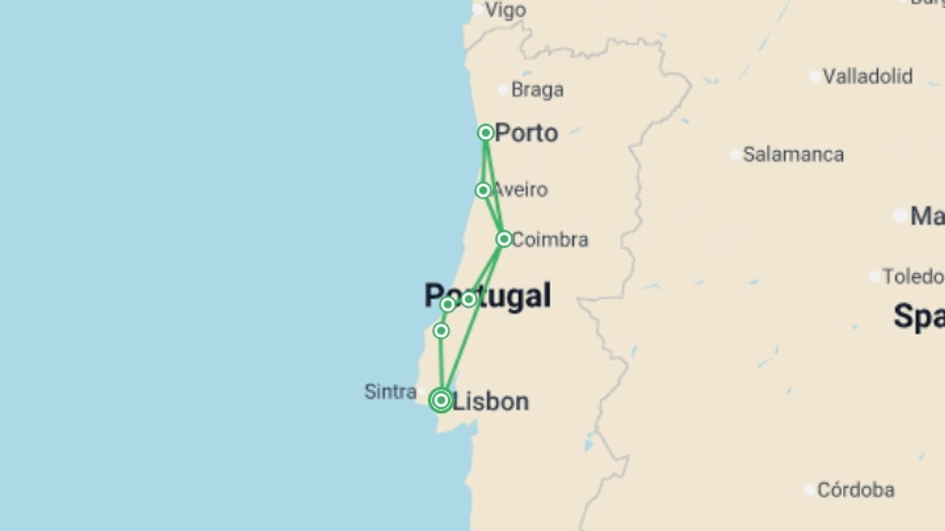 A map showing the tour itinerary for the trip: Picturesque Solo Portugal Tour, starting in Lisbon, Portugal and ending in Lisbon, Portugal going through 2 other destinations.