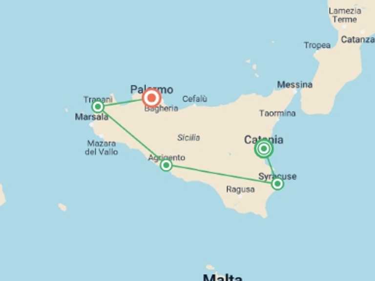 Map of Italy Tour with 5 destination visits for the trip: Explore Southern Sicily