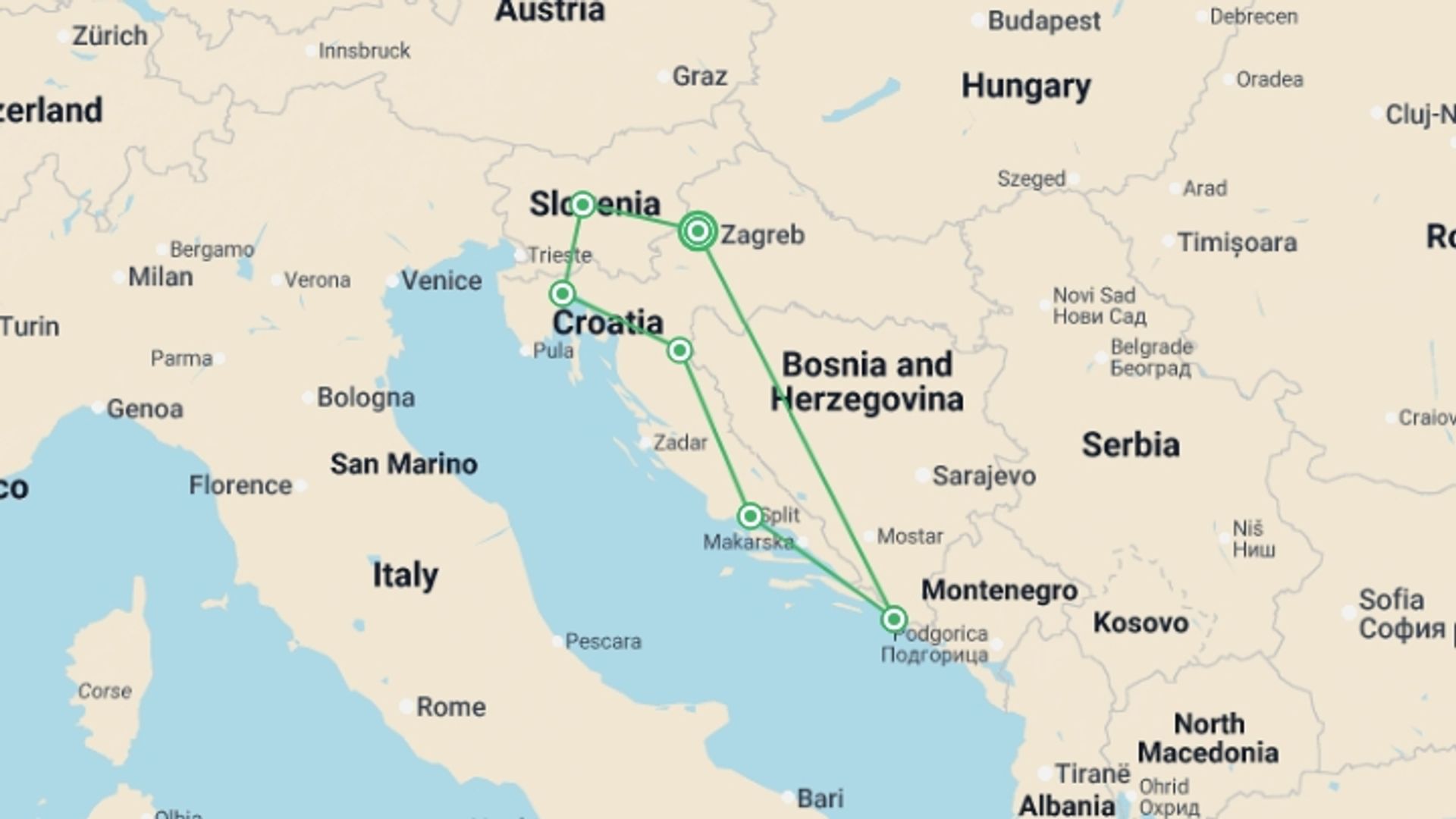 A map showing the tour itinerary for the trip: Discover Croatia, Slovenia and the Adriatic Coast , starting in Zagreb, Croatia and ending in Zagreb, Croatia going through 5 other destinations.