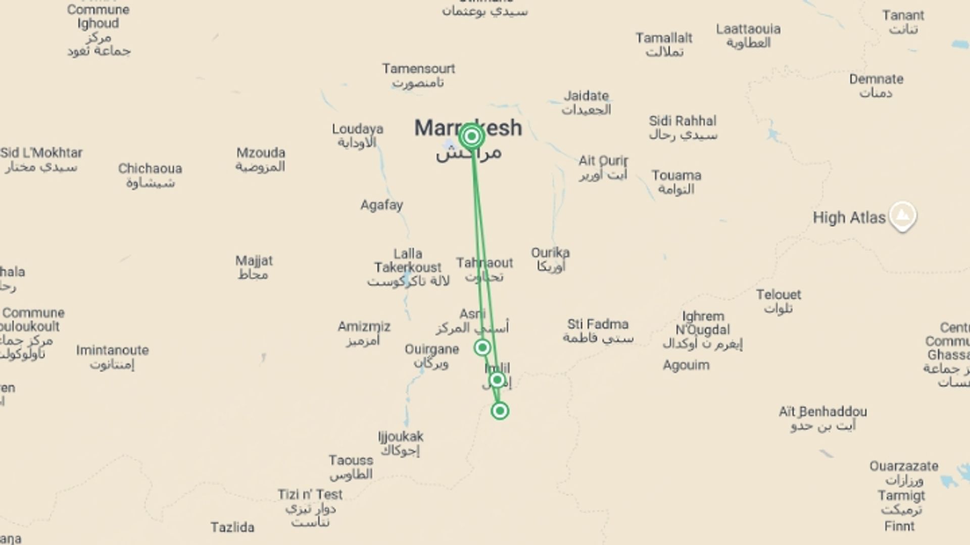 A map showing the tour itinerary for the trip: Climb Morocco's Mt Toubkal, starting in Marrakech, Morocco and ending in Marrakech, Morocco going through 3 other destinations.