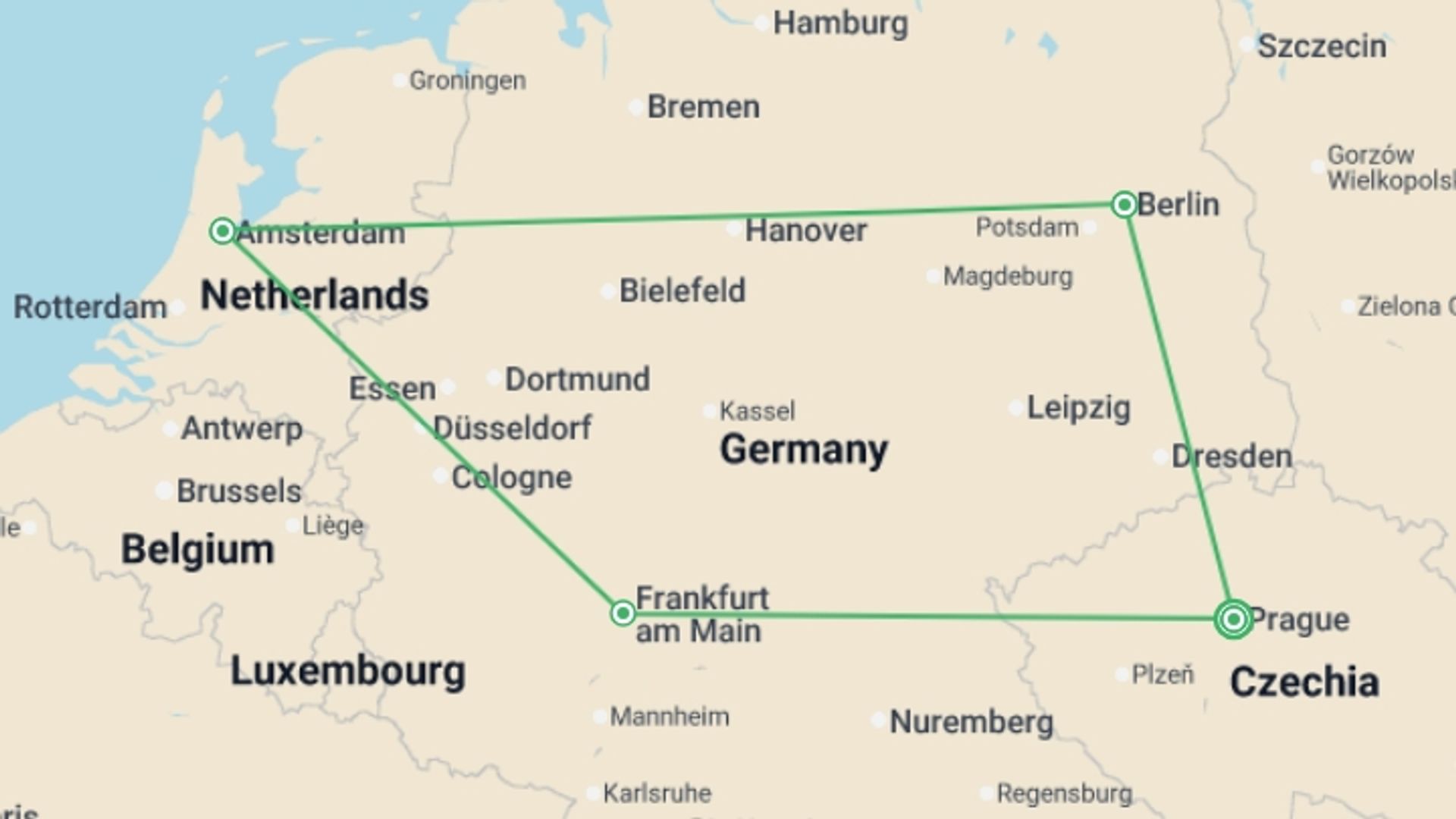 A map showing the tour itinerary for the trip: From Prague to Berlin European Odyssey - 9 days, starting in Prague, Czech Republic and ending in Prague, Czech Republic going through 3 other destinations.