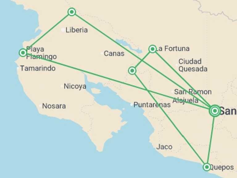 Map itinerary of Central America Tour in Fall with 6 destination visits for the trip: Costa Rica: Wildlife, National Parks & Hidden Gems of the Northwest
