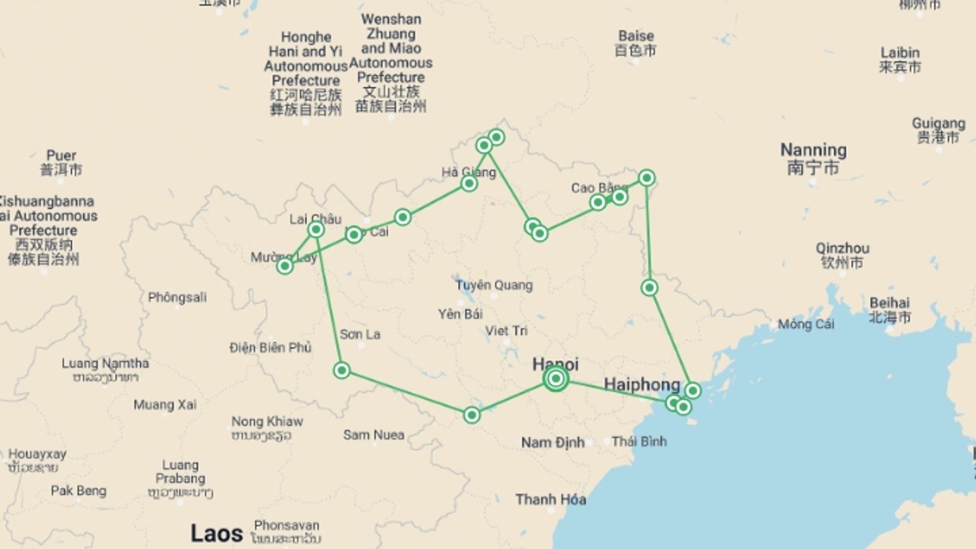 A map showing the tour itinerary for the trip: Northern Loop Vietnam 13 Days 12 Nights, starting in Hanoi, Vietnam and ending in Hanoi, Vietnam going through 10 other destinations.