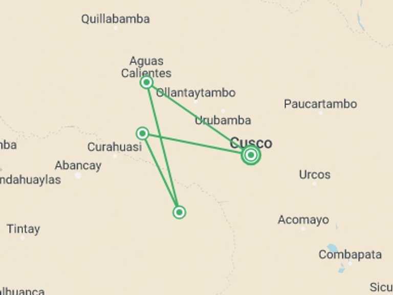Map of 4-Day Cusco Tour with 4 destination visits for the trip: 4-day Salkantay Trek To Machu Picchu