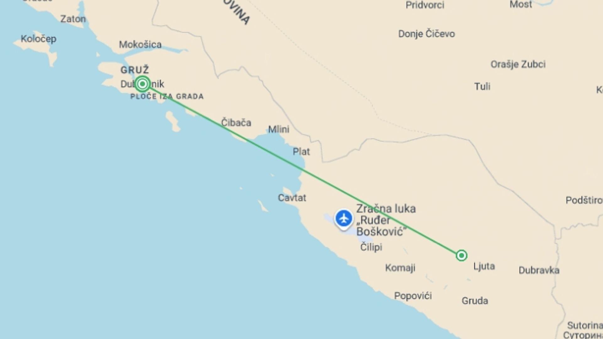 A map showing the tour itinerary for the trip: Local Living Croatia – Southern Dalmatia, starting in Dubrovnik, Croatia and ending in Dubrovnik, Croatia going through 1 other destinations.