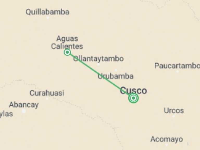 Map of 2-Day Peru Tour with 2 destination visits for the trip: 2 day Inca trail to Machu Picchu