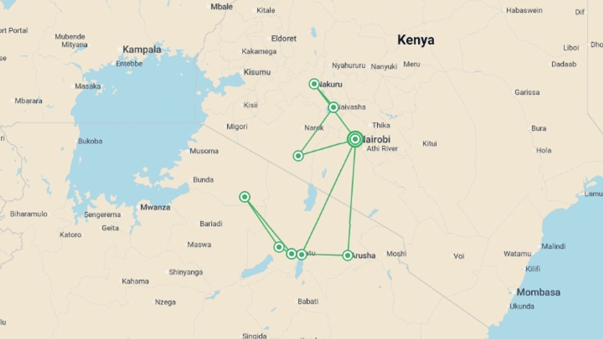 A map showing the tour itinerary for the trip: Kenya and Tanzania Family Safari, starting in Nairobi, Kenya and ending in Nairobi, Kenya going through 8 other destinations.