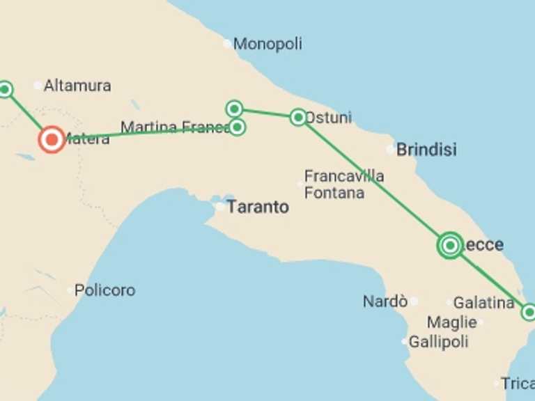 Map itinerary of Italy Tour in September 2026 with 7 destination visits for the trip: Self Guided Walking in Puglia: From Lecce to Matera
