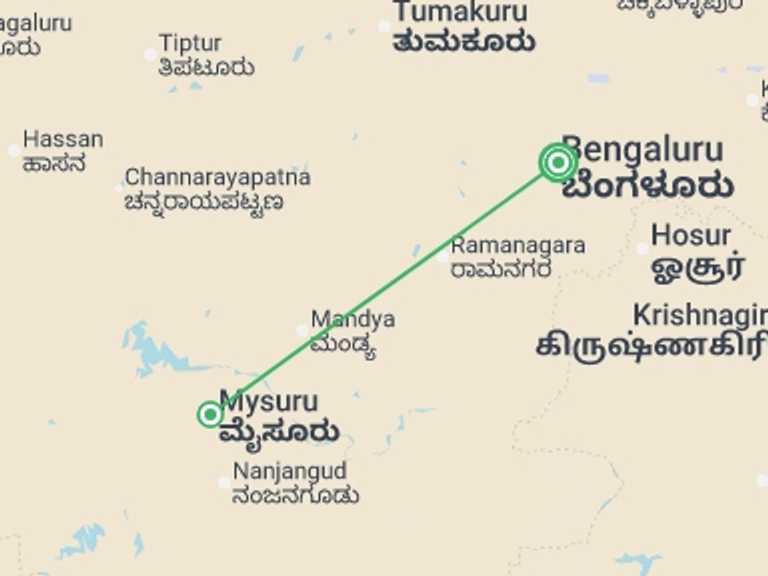 Map itinerary of Asia Tour in Summer with 2 destination visits for the trip: Bangalore & Mysore - 6 days