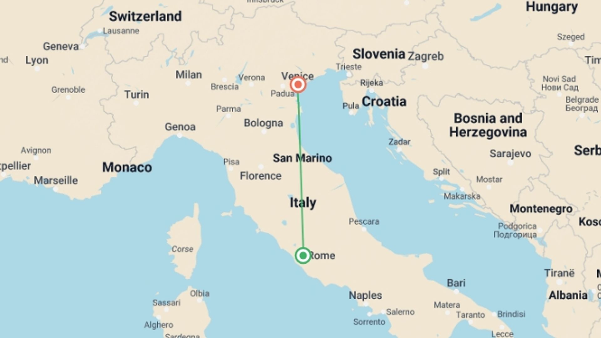 A map showing the tour itinerary for the trip: Country Roads of Italy, starting in Rome, Italy and ending in Venice, Italy going through 4 other destinations.