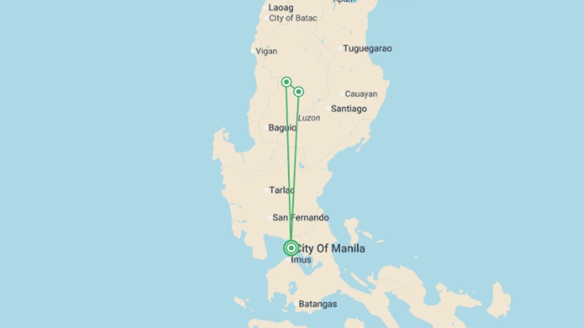 A map showing the tour itinerary for the trip: North Luzon Explorer - 4 days, starting in Manila, Philippines and ending in Manila, Philippines going through 2 other destinations.