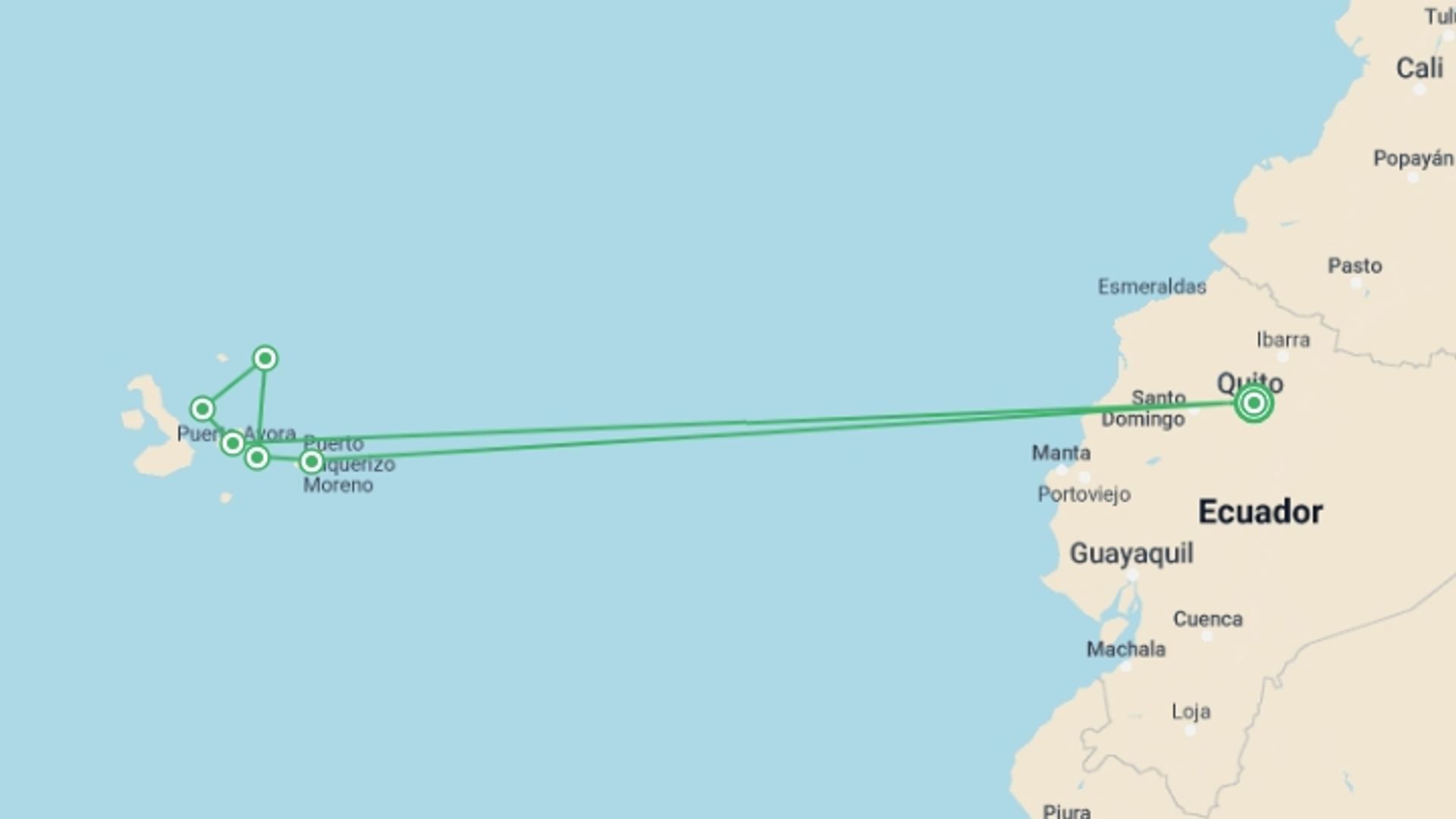 A map showing the tour itinerary for the trip: Galapagos Adventure: Northern Islands (Grand Daphne), starting in Quito, Ecuador and ending in Quito, Ecuador going through 5 other destinations.