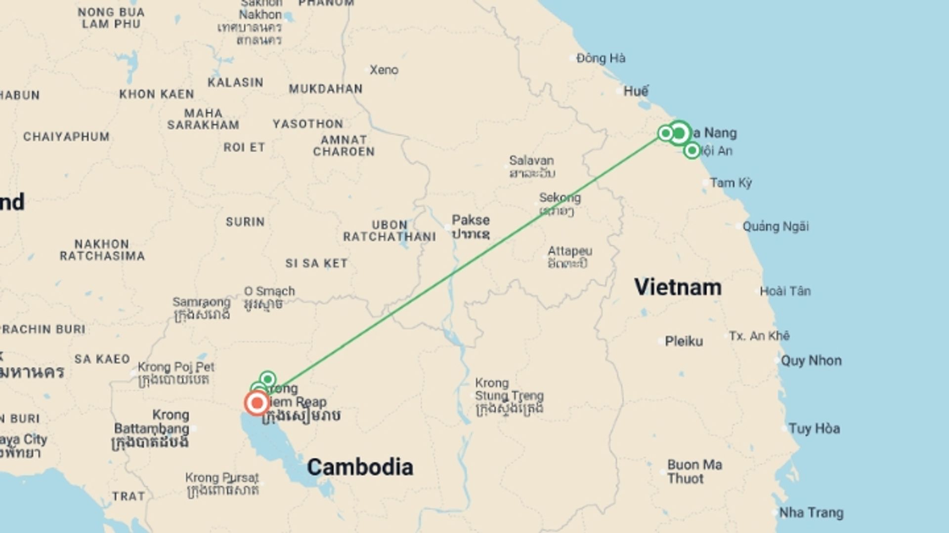 A map showing the tour itinerary for the trip: Danang, Hoi An & Siem Reap - 9 days, starting in Da Nang, Vietnam and ending in Siem Reap, Cambodia going through 1 other destinations.