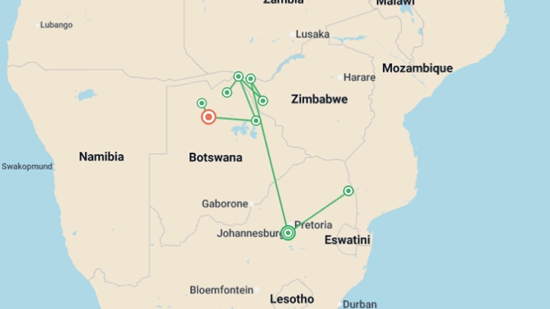 A map showing the tour itinerary for the trip: Ultimate African Safari: Kruger, Hwange, Chobe, & the Okavango Delta, starting in Johannesburg, South Africa and ending in Maun, Botswana going through 6 other destinations.