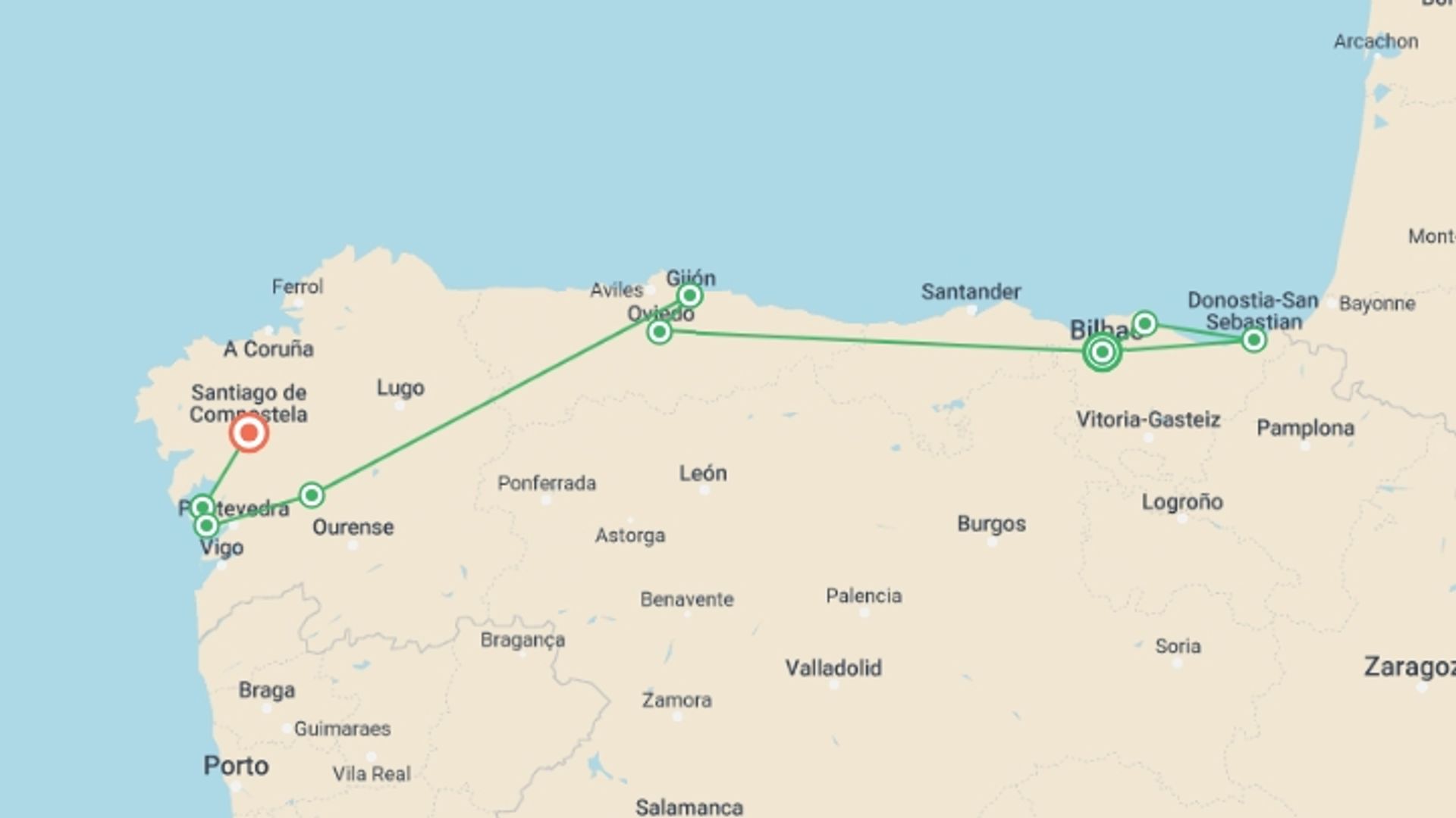 A map showing the tour itinerary for the trip: The green Spain, starting in Bilbao, Spain and ending in Santiago De Compostela, Spain going through 9 other destinations.