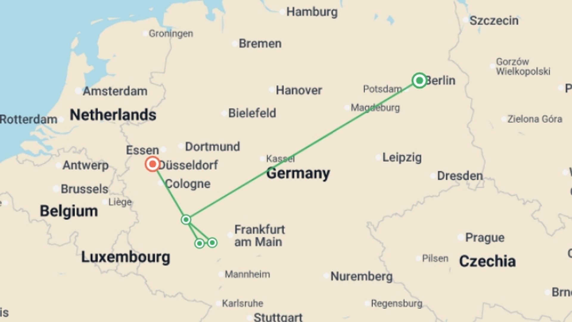 A map showing the tour itinerary for the trip: Rhine Christmas Markets River Diamond Standard, starting in Berlin, Germany and ending in Berlin, Germany going through 4 other destinations.