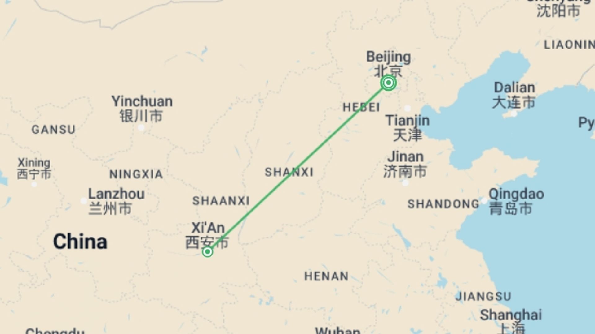 A map showing the tour itinerary for the trip: Great Wall And Warriors, Private Tour, starting in Beijing, China and ending in Beijing, China going through 1 other destinations.