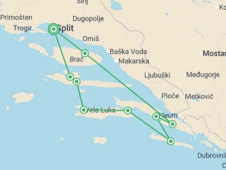 Map of Split Cruise Tour with 7 destination visits for the trip: Adriatic Biking Cruise From Split