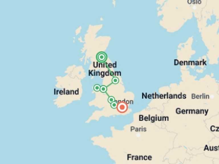 Map itinerary of London Tour in May 2027 with 2 destination visits for the trip: British Landscapes featuring England, Scotland and Wales