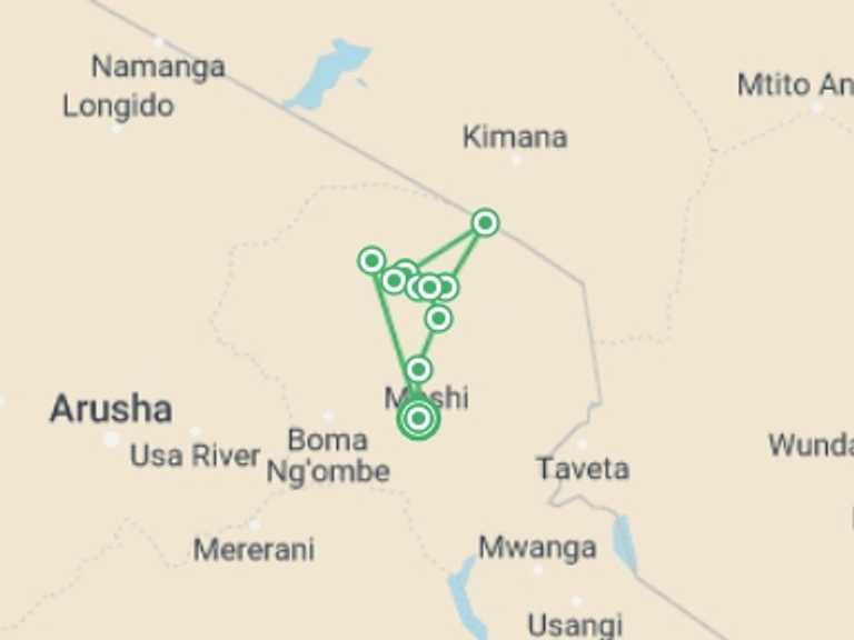 Map itinerary of Tanzania Tour in April 2027 with 10 destination visits for the trip: Kilimanjaro Climbing tours via Northern Circuit - 10 Days