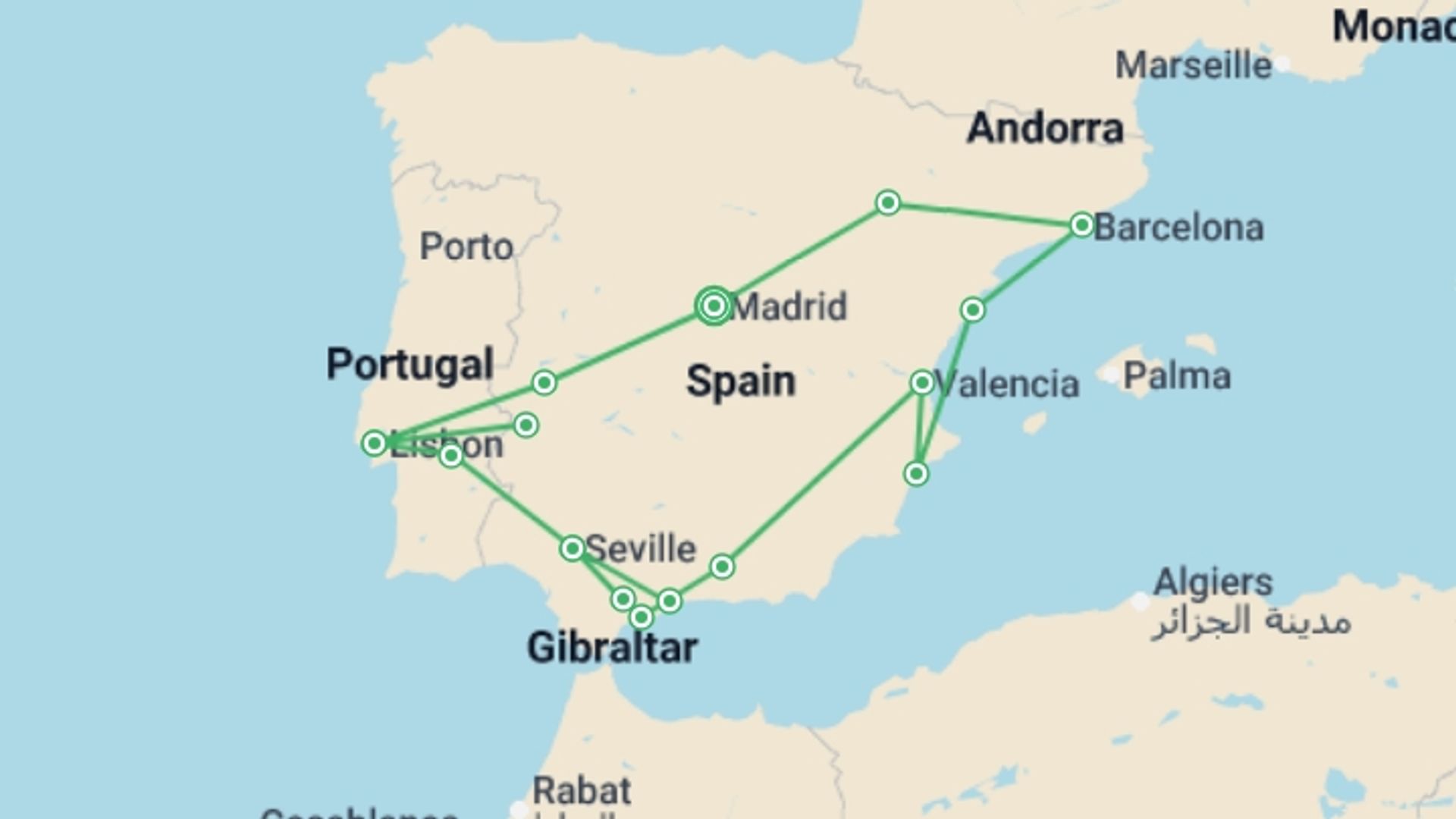 A map showing the tour itinerary for the trip: Great Iberian Route, starting in Madrid, Spain and ending in Madrid, Spain going through 11 other destinations.
