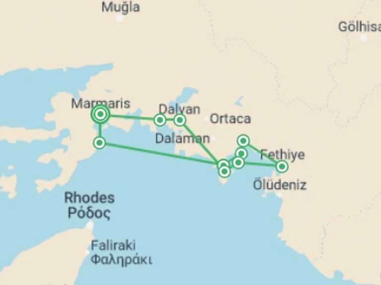 Map of Turkey Tour with 6 destination visits for the trip: Gulet Cruise, Marmaris – Fethiye – Marmaris