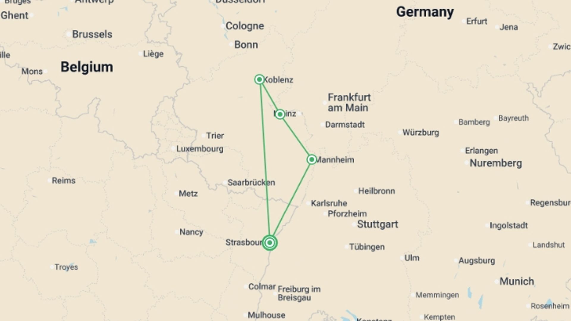 A map showing the tour itinerary for the trip: Family Club - The Romantic Rhine Valley and the Rock of Lorelei (port-to-port cruise), starting in Strasbourg, France and ending in Strasbourg, France going through 3 other destinations.