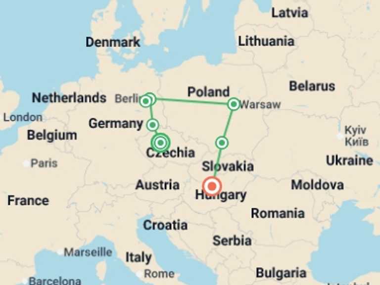 Map of Budapest Adventure Tour with 5 destination visits for the trip: Eastern Europe Explorer