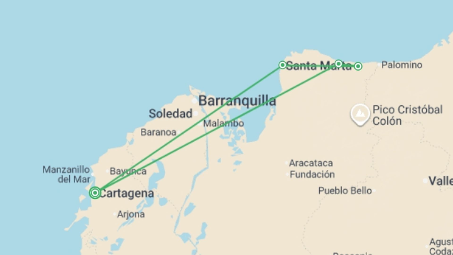 A map showing the tour itinerary for the trip: Coastal Colombia, starting in Cartagena, Colombia and ending in Cartagena, Colombia going through 4 other destinations.